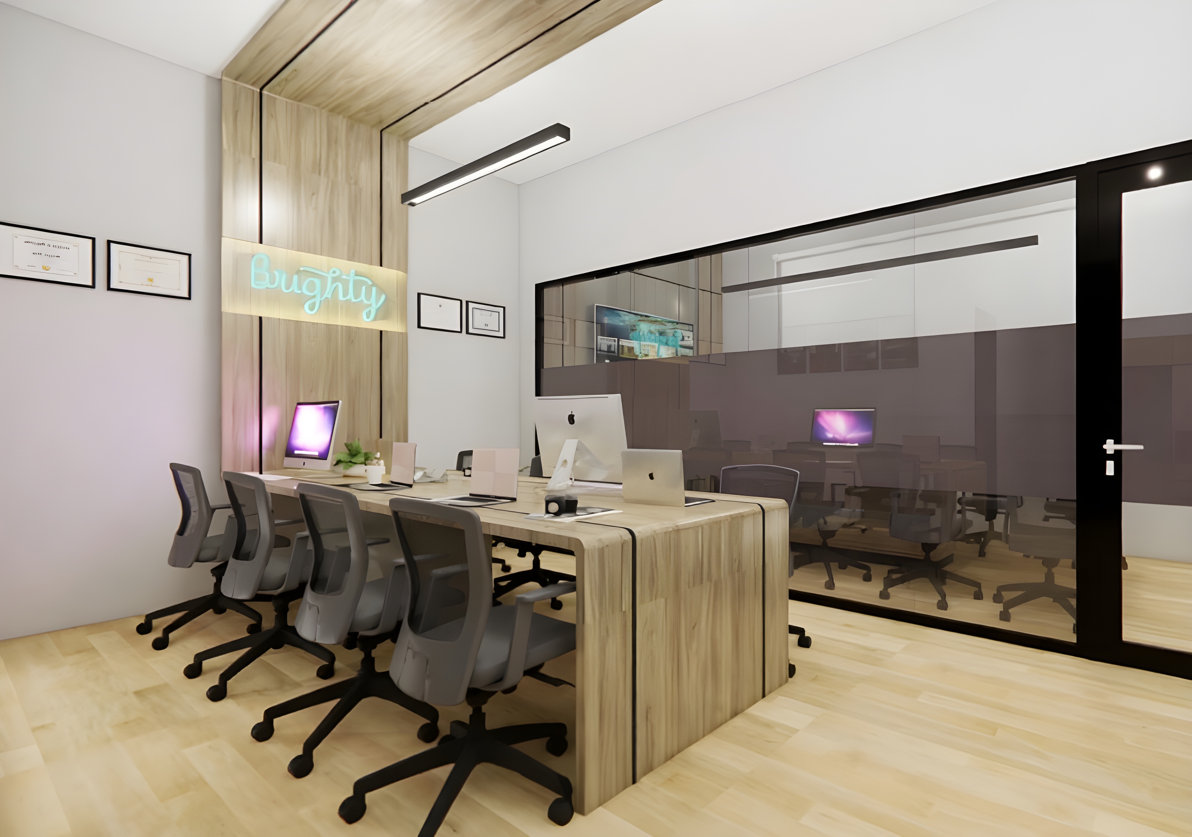 Desain interior ruang kerja dan loker karyawan modern dengan penataan meja ergonomis, rapi, dan minimalis untuk efisiensi ruang kantor.