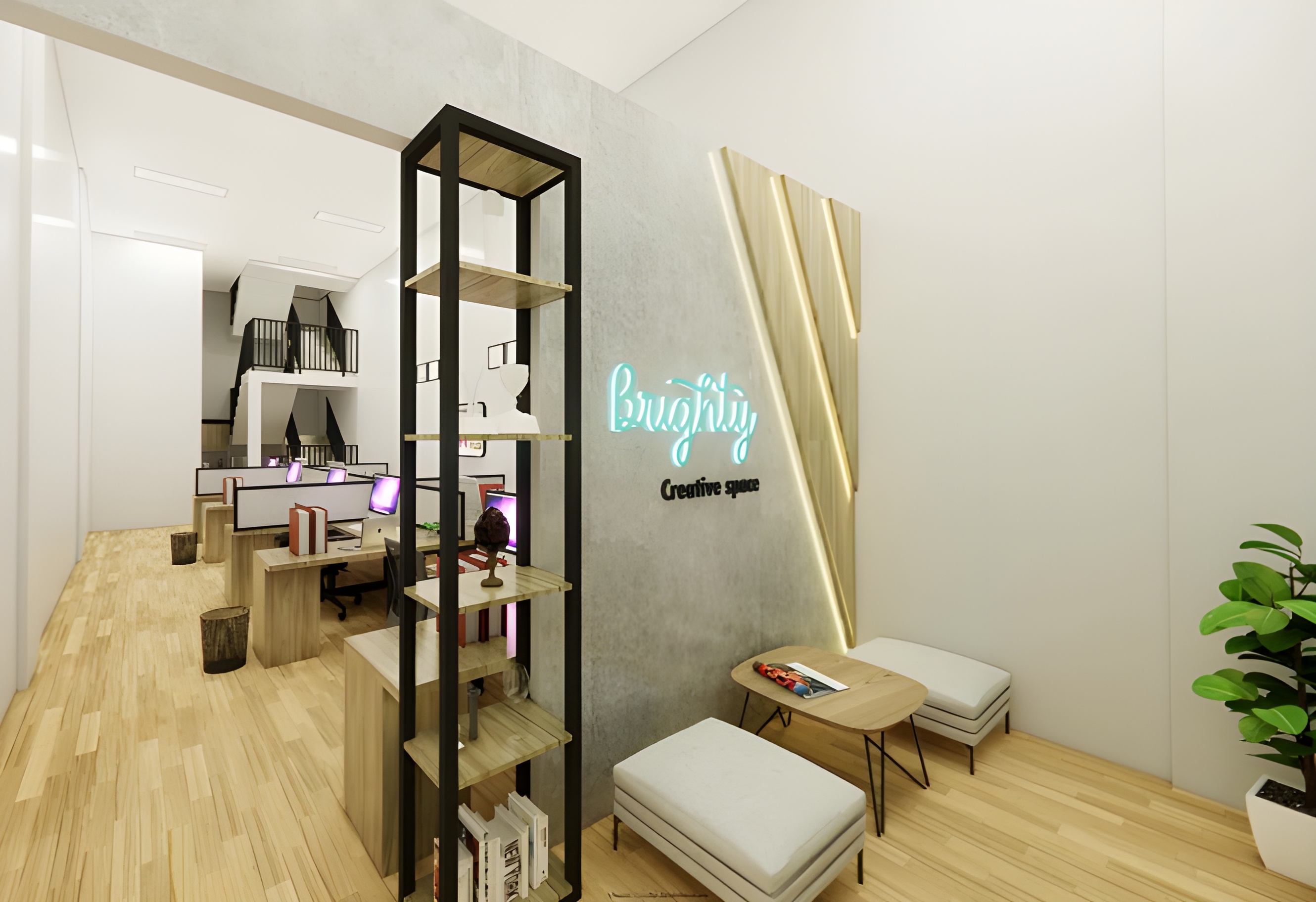 Desain creative office dengan konsep open space dan area kolaborasi.